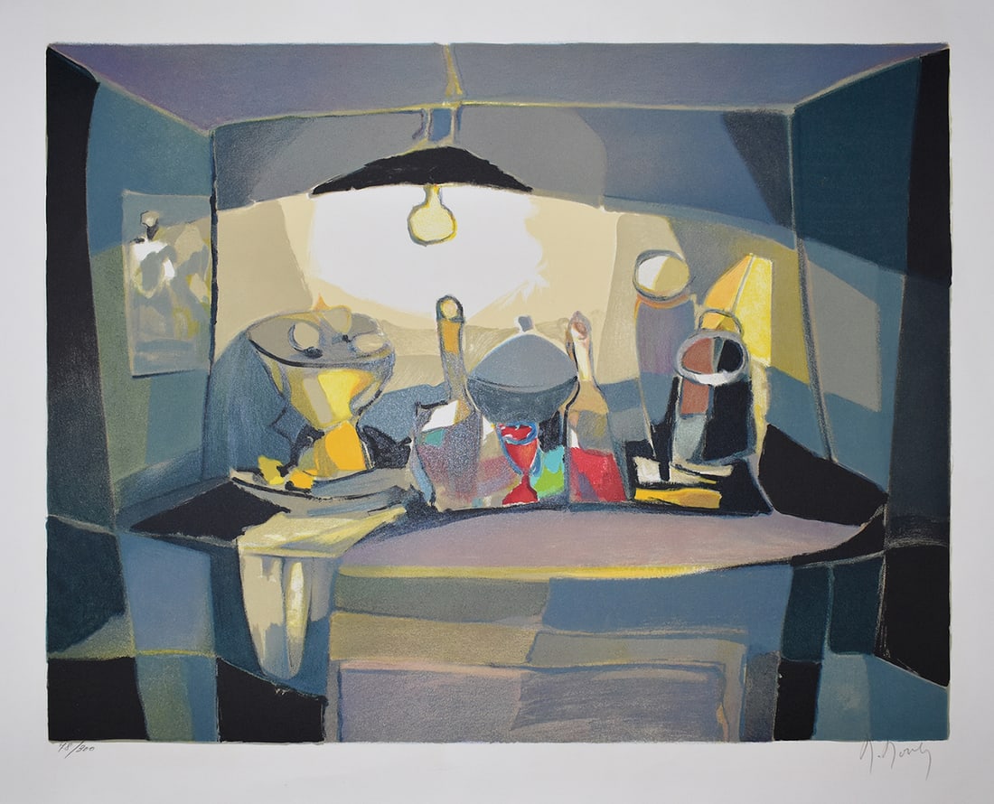 Marcel Mouly Hand signed Lithograph Still Life with Lamp: Marcel Mouly (1918 - 2008). Objets Sous la Lampe (Objects Under the Lamp). Color lithograph on wove paper. Year: 2000. Signed in pencil, lower right. Numbered from 300. Image size 17 1/2 x 23 1/2 inch