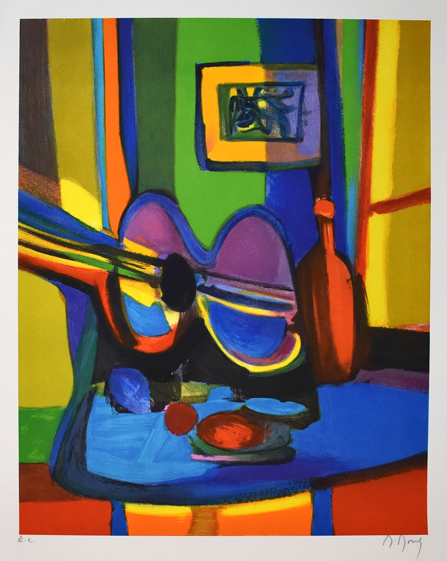 Marcel Mouly Hand signed Lithograph La Guitare Printers Proof: Marcel Mouly (1918 - 2008). La Guitare (The Guitar). Color lithograph on wove paper. Year: 1996. Signed in pencil, lower right. Numbered EC (Printer's Proof). Image size 21 3/4 x 17 inches. Sheet Size