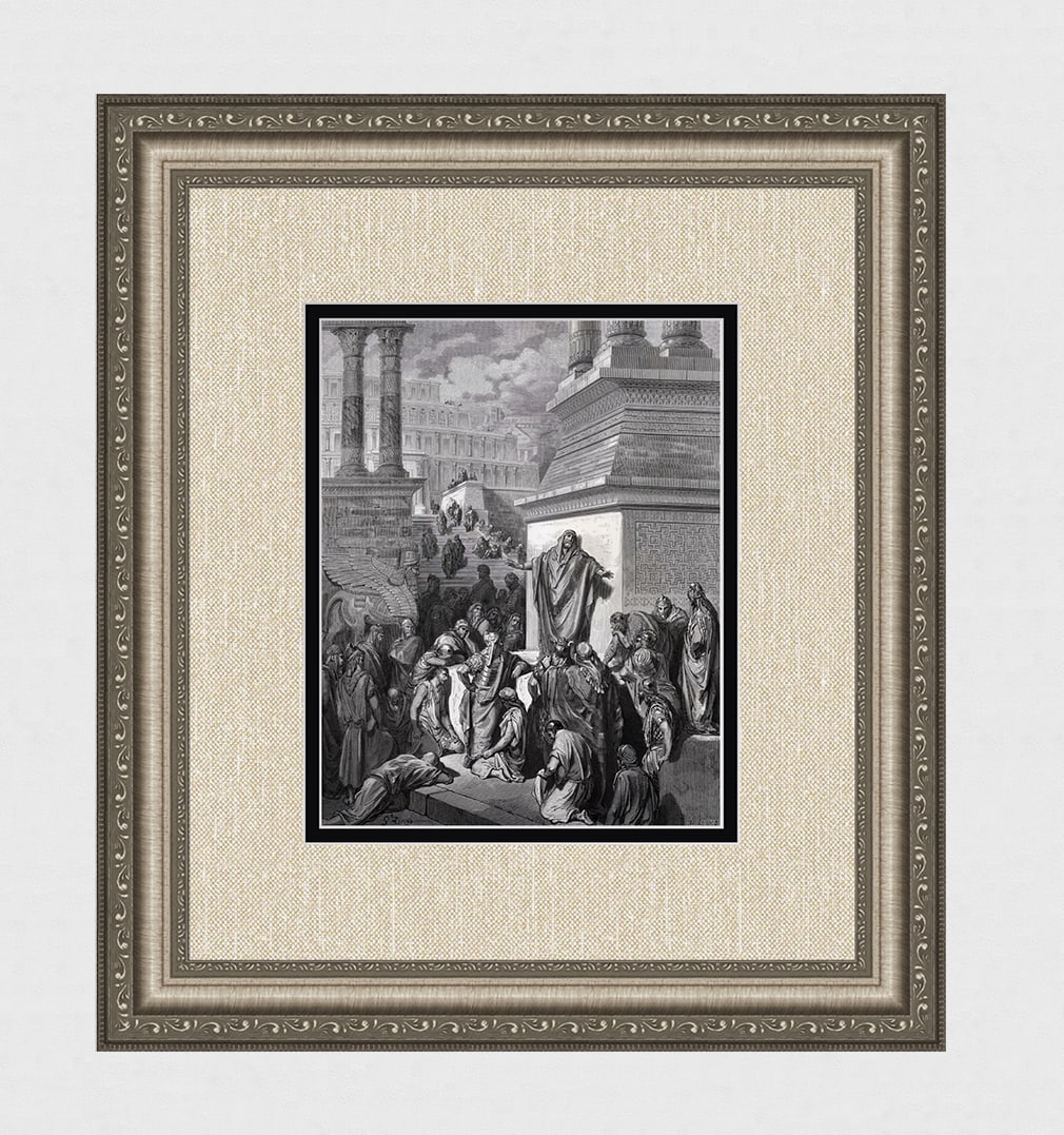 Biblical 1800s GUSTAVE DORE SIGNED Woodcut Jonah Goes to Nineveh FRAMED: Gustave Dore (Paul Gustave Louis Christophe Dore) (French, 1832-1883). Jonah Preaching to the Ninevites (from Dore's Bible). Antique woodcut wove paper after the original by a master wood engraver Ad