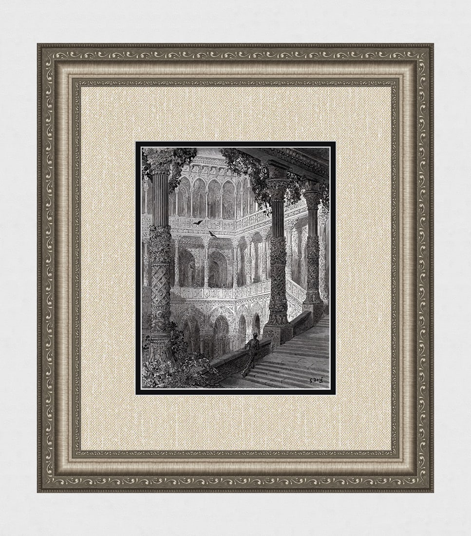 1800s Gustave Dore Woodcut ATLANTE'S PALACE OF ILLUSions Signed Framed: Gustave Dore (Paul Gustave Louis Christophe Dore )(French, 1832-1883). Astolfo in his turn is lured to Atlante's Palace of Illusions (From Orlando Furioso). Antique woodcut on wove paper after the ori