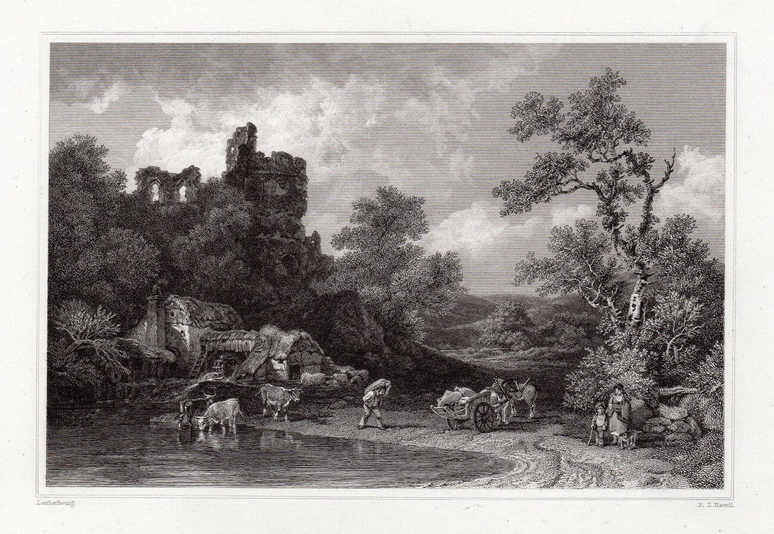 Philip James de Loutherbourg Landscape and Figures 1834 Engraving Signed (1 of 2)