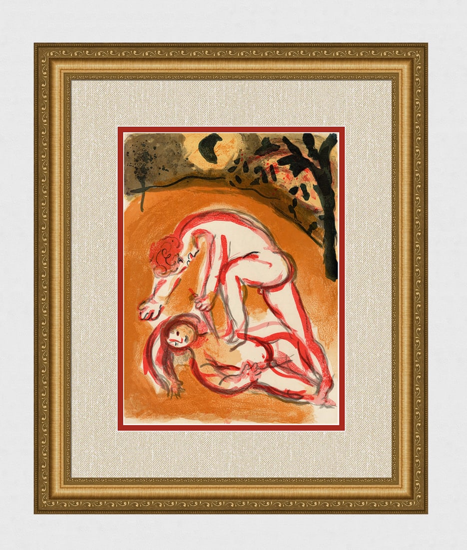 1960 Marc Chagall Lithograph Cain and Abel Framed: Marc Chagall (1887-1985) Cain and Abel (M. 238). Original Lithograph on Wove Paper. 1960. Limited to 6500 impressions. Atelier Mourlot. Dimensions: Sheet Size: c. 10 1/2 x 14 inches. Framed Dimensions