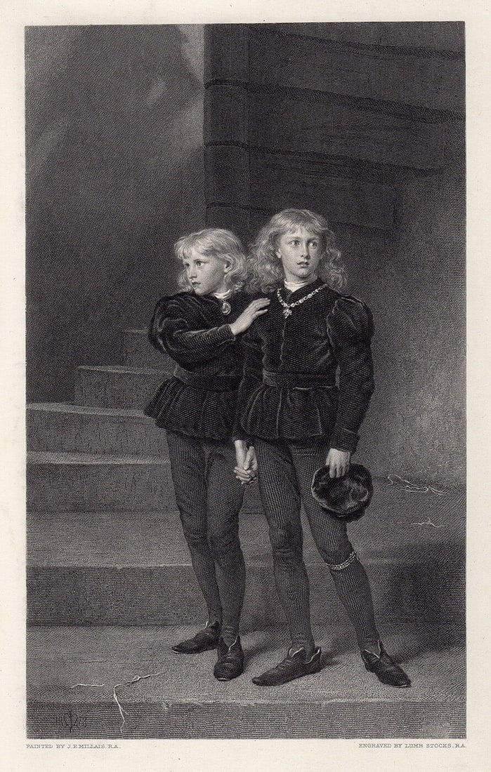John Everett Millais 1800s Antique Print The Princes in the Tower Framed Signed COA: Sir John Everett Millais, 1st Baronet, (English, 1829-1896). The Princes in the ToweThe Princes in the Tower. Antique Engraving on wove paper after the original oil on canvas by masterAntique Engravin