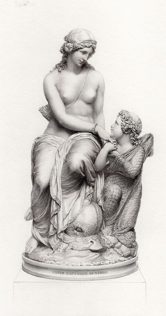 Giovanni Giuseppe FONTANA 1800s Engraving Venus Captures Cupid FRAMED: Giovanni Giuseppe Fontana (British, 1821-1893). Cupid Captured by Venus. Antique engraving on wove after the original sculpture by master engraver George J Stodart (British, 1884-1890 c.fl.). Year: 18
