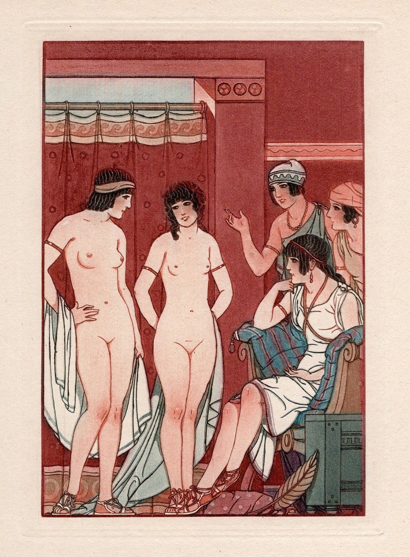Joseph Kuhn-Regnier 1929 NUDE Color Engraving "Conversation" Framed Limited (1 of 2)