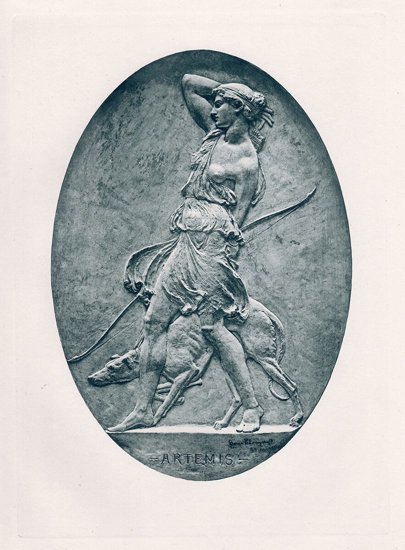 Sir William Hamo Thornycroft Artemis in Blue 1889 Print Signed Framed: Sir William Hamo Thornycroft. Artemis. Antique Heliogravure on wove paper after the original plaque in low relief by a Master Engraver. Year: 1889. Signed in the plate, lower right. Image Size 8 x 11