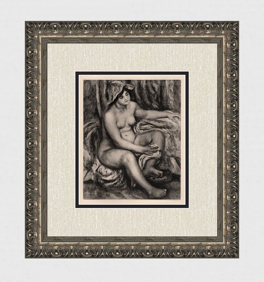 1919 Pierre Auguste RENOIR Nude Engraving "After the Bathing" SIGNED FRAMED: Pierre Auguste Renoir (1841 - 1919). Naked Woman Drying Herself (Femme nue s'essuyant). Antique copper plate heliogravure engraving on beau papier teinte hand pulled by Emile Fequet in Paris on Decemb