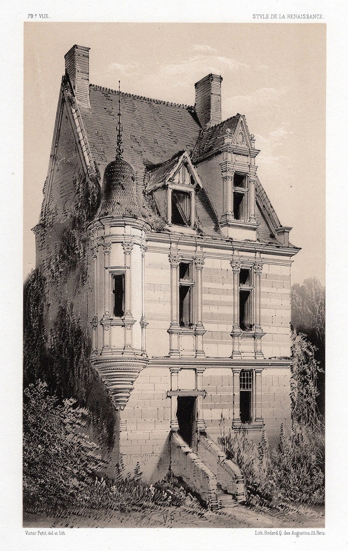 FRAMED Original Victor PETIT 1800s Lithograph Le Plessis-Dumee SIGNED: Victor Petit (1817-1871). Le Plessis-Dumee, Yonne. Original tinted lithograph on strong vellum paper. Year: 1860. Signed in the plate. Published by A Godard Paris. Image Size 5 1/2 x 9 1/4 inches. Fra
