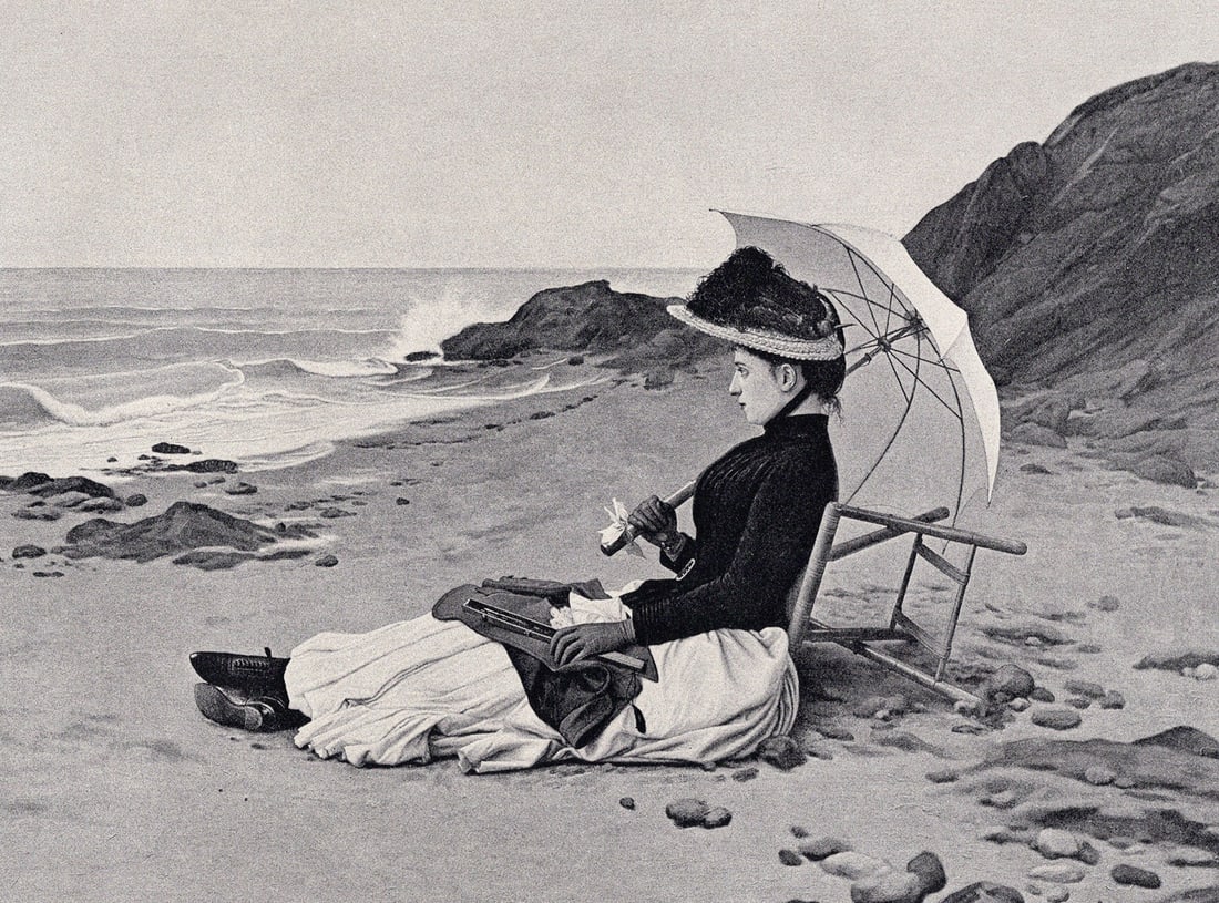 Camille Bellanger 1800s Antique Print Alone on the Beach SIGNED Framed: Camille Bellanger (1853-1923). Alone. Antique print after the original. Year: c. 1890. Signed in the plate, lower left. Image Size 7 1/8 x 10 3/4 inches. Framed dimensions approximately 16 x 20inches.