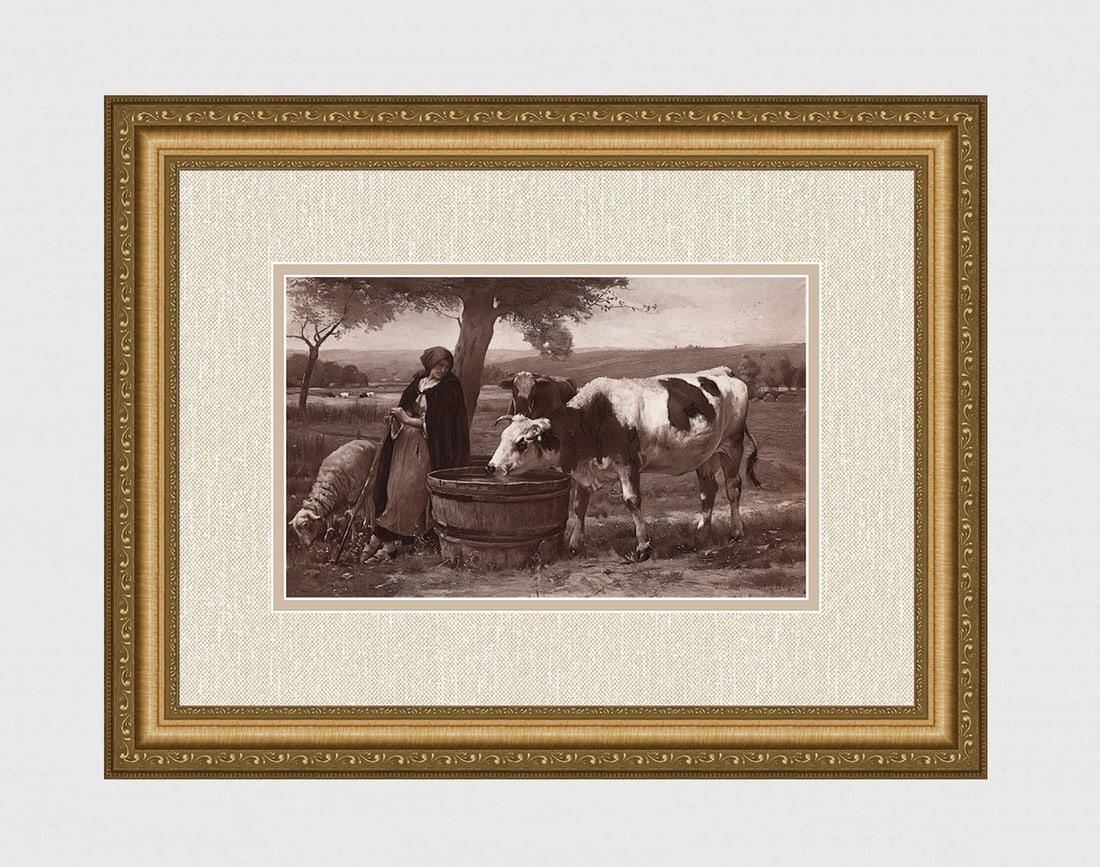 Julien Dupre 1800s Antique Print In the Meadow Signed Framed: Julien Dupre (French, 1851 - 1910). In the Meadow. Antique heliogravure on heavy wove paper after the original by a Master Engraver. Year: c. 1880. Signed and dated in the plate, lower right. Image Si