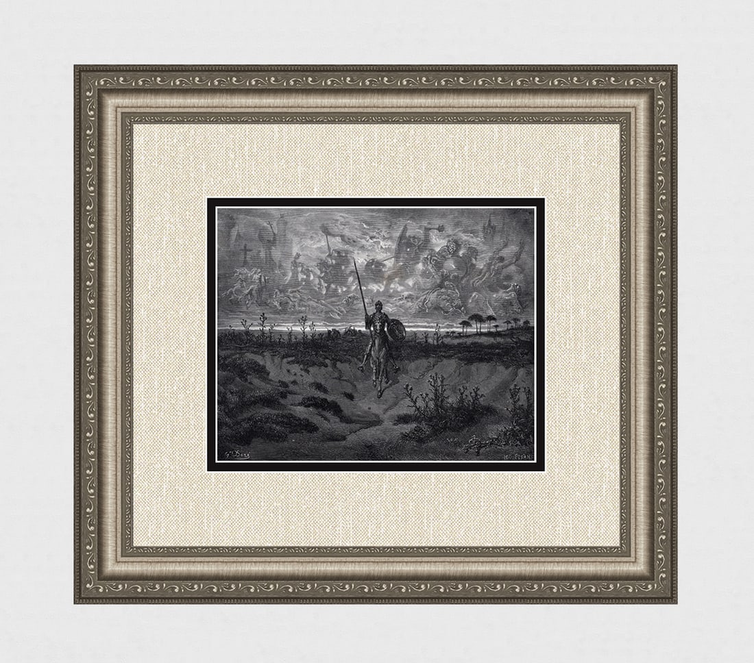 1800's GUSTVE DORE Wood Engraving Don Quixote SIGNED FRAMED: Gustave Dore (Paul Gustave Louis Christophe Dore) (French, 1832-1883). Don Quixote setting out on his Adventures (from Don Quixote by Miguel De Cervantes). Antique Wood Engraving on on wove paper afte