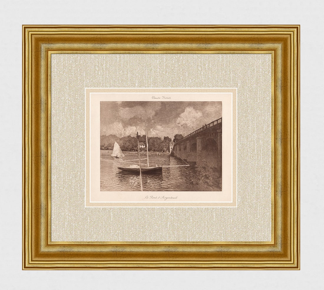 Monet Le Pont d'Argenteuil 1908 Engraving Framed Limited Edition: Claude Monet (1840 - 1926). Le Pont d'Argenteuil. Heliogravure printed in bistre ink, on cream wove paper after the original painting. Year: 1908. Edition: Limited to 1000 examples. Dimensions: Image 