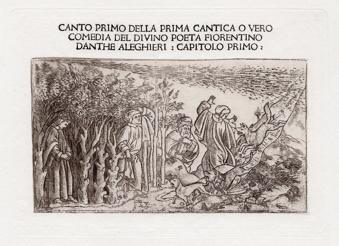 Boticelli Dante's Inferno Antique engraving: Sandro Botticelli (Alessandro di Mariano di Vanni Filipepi) (Italian, 1445-1510) . Dante's Inferno Plate I, Biblioteca Riccardiana (La Divine Comedie de Dante 1481). Antique engraving on laid paper af