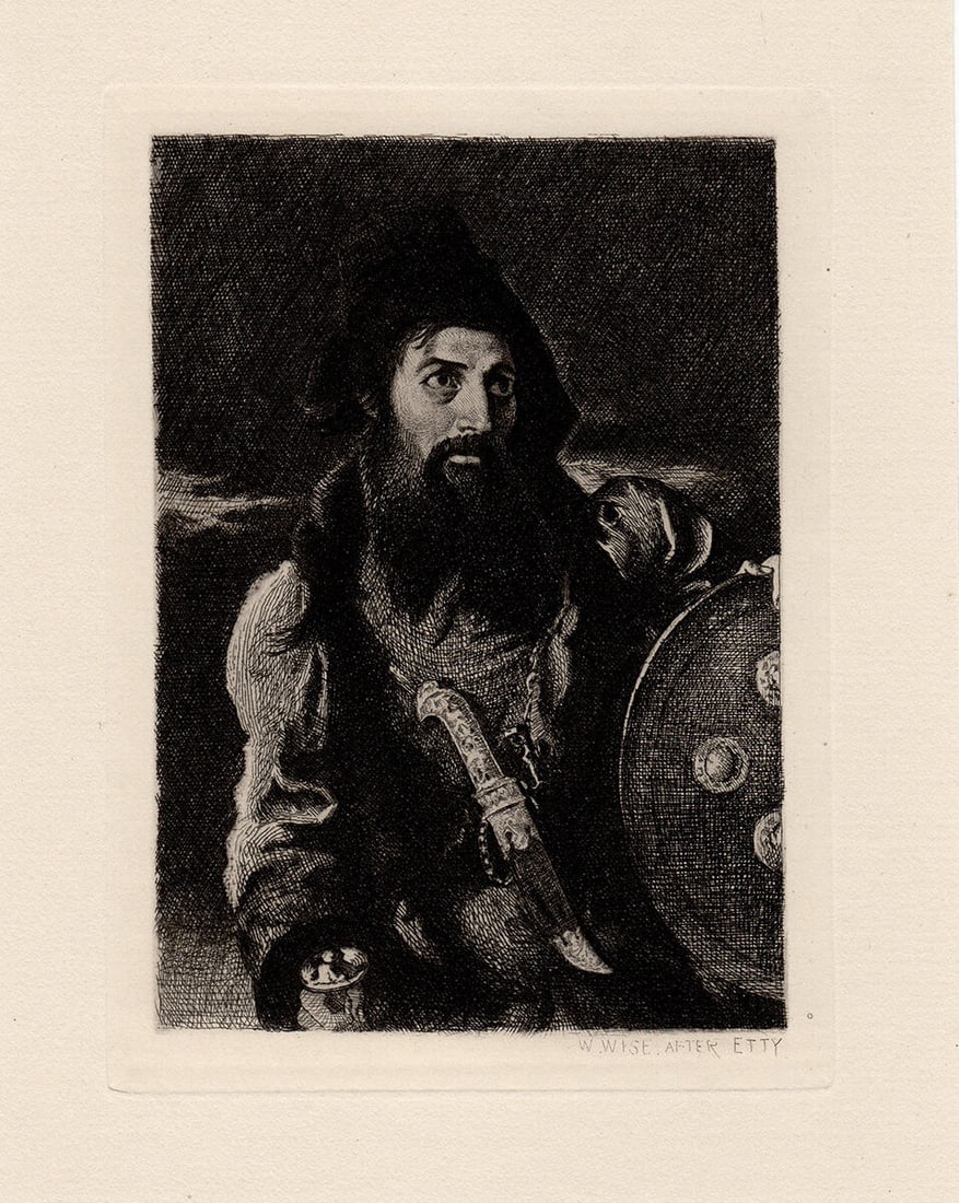 1875 William Etty Warrior etching signed Framed: William Etty. (English, 1787 - 1849). Persian Warrior. Antique copper plate etching on laid paper after the original by a Master Etcher William Wise. 1875. Signed in the plate, lower right. Excellent.