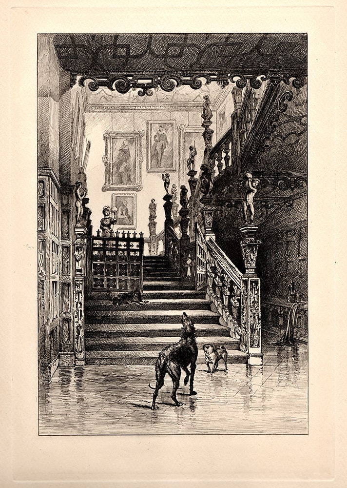 Herbert Railton Hatfield Staircase 1886 etching: Herbert Railton. (English, 1857-1910). Hatfield Staircase. Original etching on wove paper. 1886. Excellent. Image 6 x 9 inches. Approximately 15 x 18 inches. This piece has been professionally matted 
