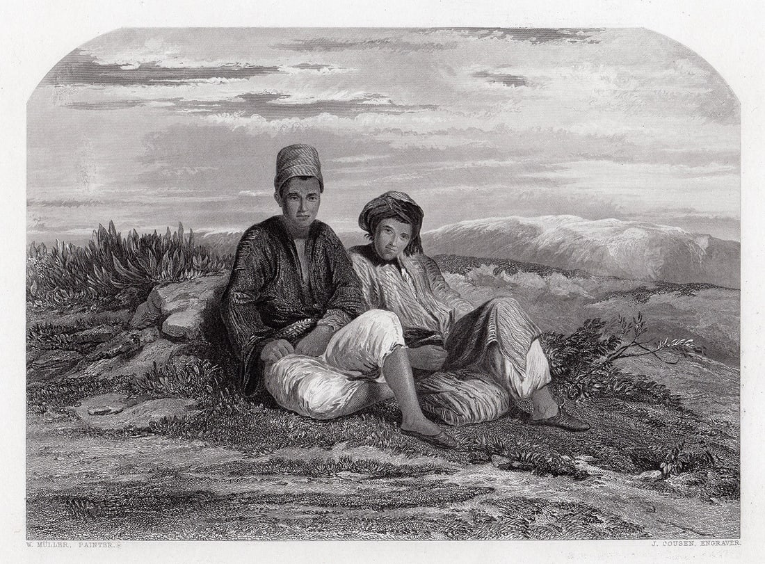 William James Muller Rest In the Desert 1852 engraving: William James Muller. (English,1812-1845). Rest In the Desert. Antique hand pulled copper plate engraving on wove paper after the original by master engraver John Cousen (English, 1804 - 1880). 1852. 