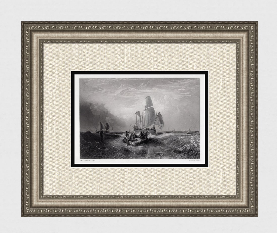 1800s William TURNER Engraving "Boats off Calais" SIGNED Framed: Joseph Mallord William Turner (English, 1775-1851). Boats off Calais. Antique engraving on wove paper after the original by master engraver John Cousen (British, 1804-1880). Signed in the plate. Year:
