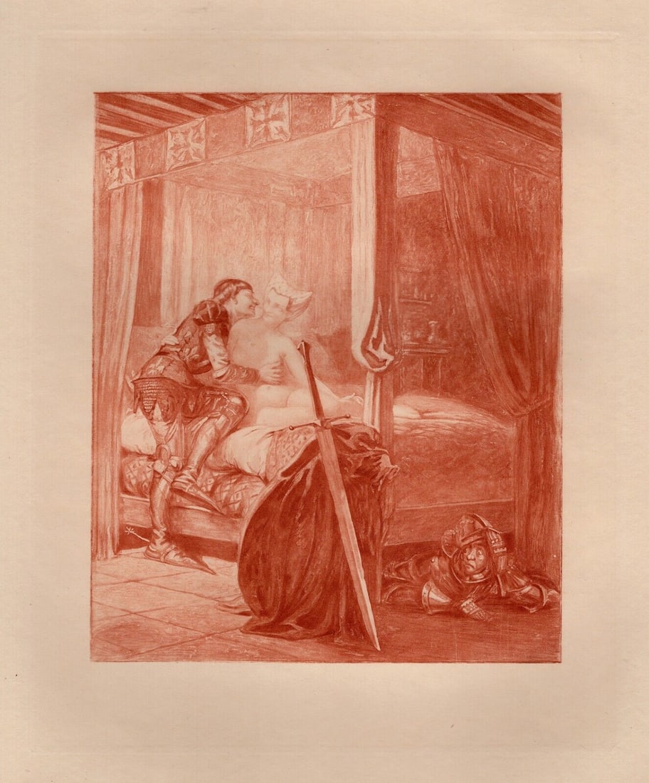 Edmond Malassis Limited Erotic Engraving The Lady & the Knight Framed: Edmond Malassis (French, 1874 – 1944). The Knight's Desires II (Les désirs du Chevalier II) (Cent Nouvelles Nouvelles). Vintage copper plate engraving in red ink on Velin paper after the original b
