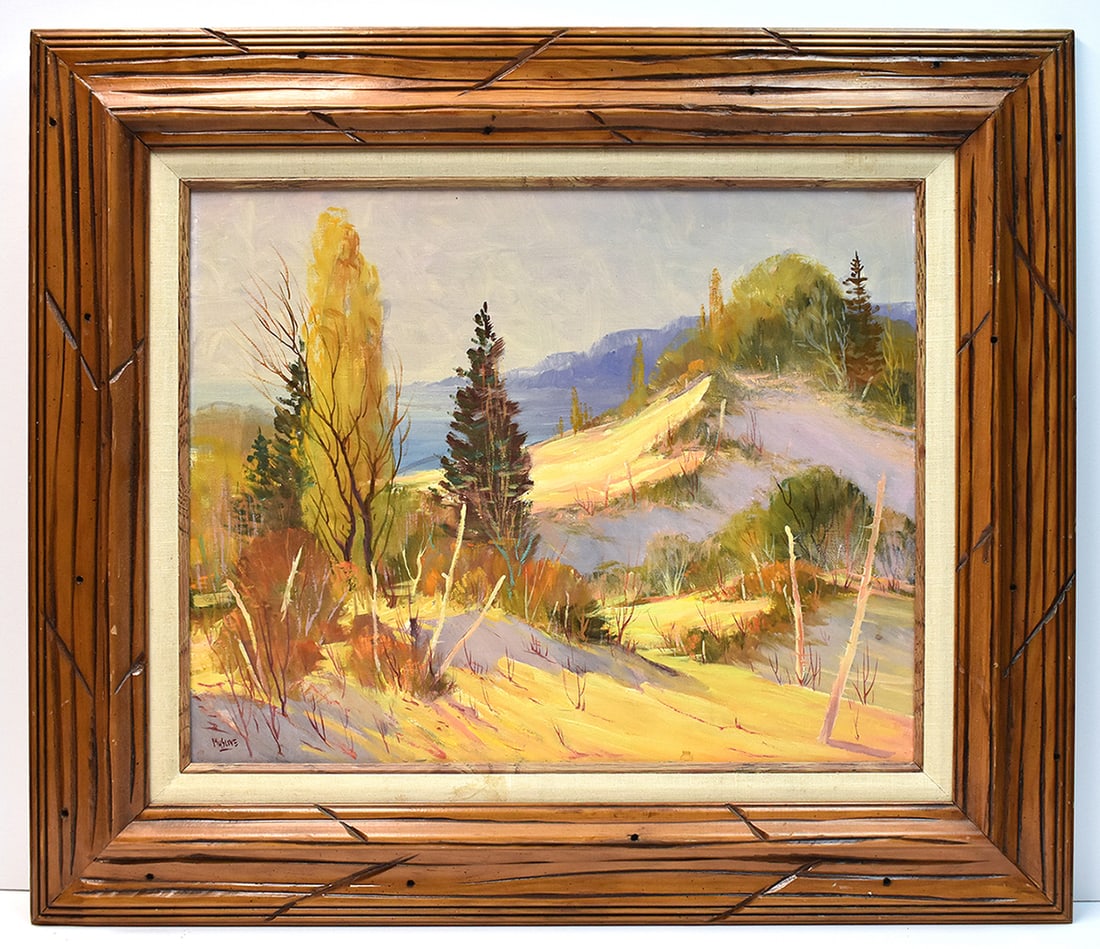Frank Mislive Oil Painting Indiana Landscape Framed: Frank Mislive (1908 - 1986, American). East of Indiana State Park. Original oil painting on Grumbacher artist board. Signed by the artist lower left. Canvas Size 16 x 20 inches. Framed dimensions appr