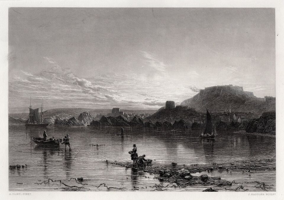1800s ALFERD CLINT Antique Engraving Sunset, Helliers, Jersey SIGNED Framed: Alfred Clint (British, 1807-1883). Sunset - St. Helliers, Jersey. Antique engraving on wove paper after the original by master engraver John Saddler (Brittish, 1813-1892). Year: 1868. Image Size 7 x 9