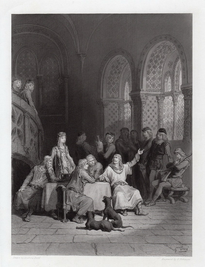 Gustave Dore Lancelot Relating His Adventures (Idylls of the King, Elaine) 1867 Engraving Signed: Gustave Dore (Paul Gustave Louis Christophe Dore) (French, 1832-1883). Lancelot Relating His Adventures (Idylls of the King, Elaine). Antique engraving on wove paper executed drawing by master engrave
