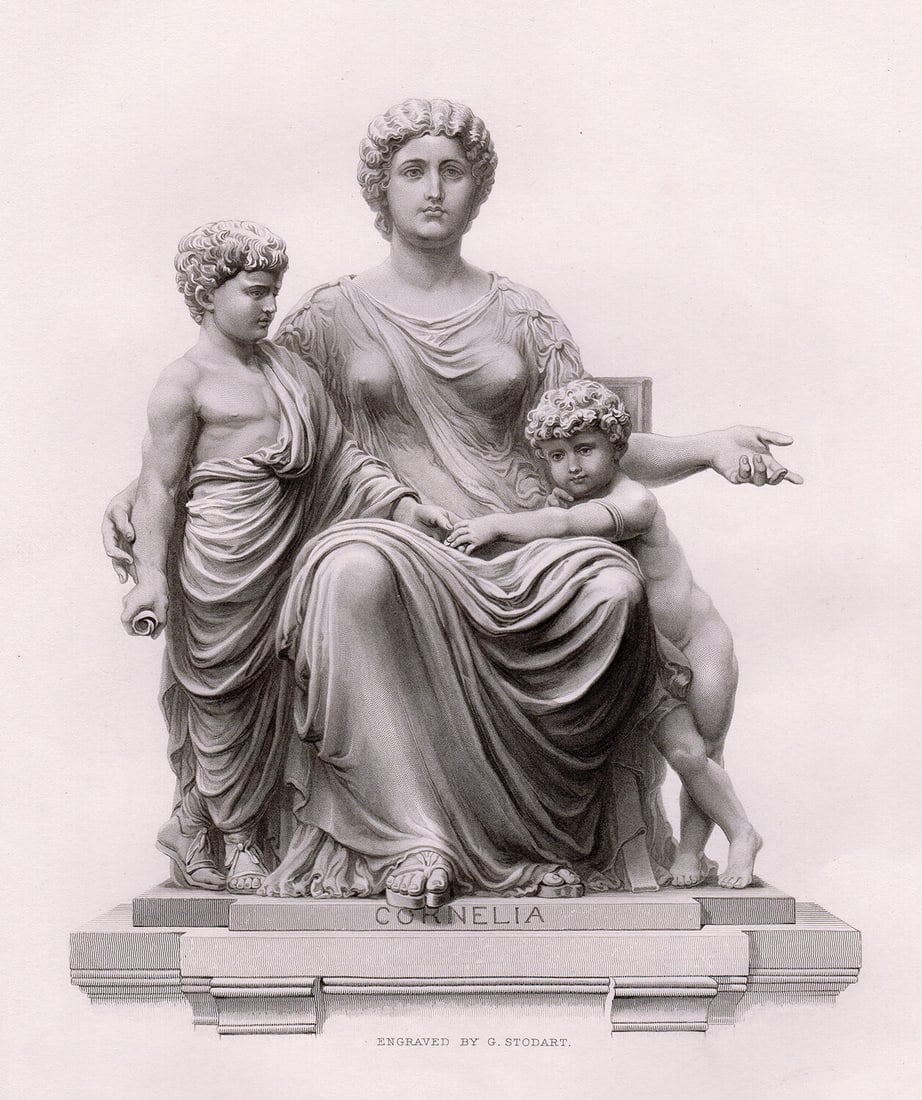 1869 Engraving Mathurin Moreau Cornelia: Mathurin Moreau. Cornelia. Antique engraving on wove paper after the original Group in Bronze by master engraver George J. Studart. 1869. Image Size 6 x 7 1/4 inches. Framed dimensions: Approximately 