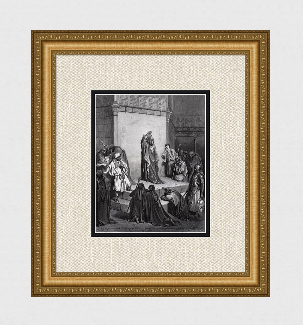 SIGNED GUSTAVE DORE 1800s Biblical Woodcut David’s Child Dies FRAMED: Gustave Dore (Paul Gustave Louis Christophe Dore) (French, 1832-1883). David Mourning the Death of Absalom (From Dore's Bible). Antique woodcut wove paper after the original by a master wood engraver 