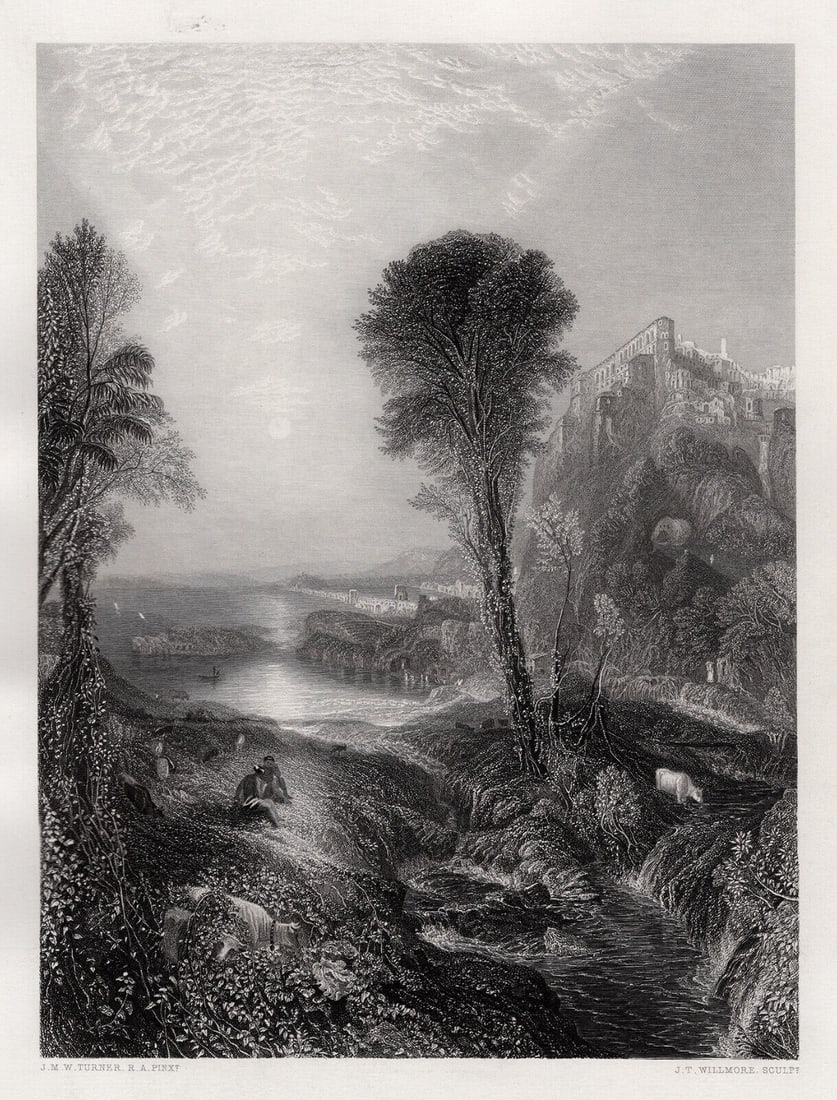 FRAMED 1800s WILLIAM TURNER Engraving Mercury & Argus SIGNED: Joseph Mallord William Turner (English, 1775-1851). Mercury and Argus. Antique engraving on wove paper after the original by master engraver James Tibbetts Willmore (British, 1800-1863). Year: 1865. S