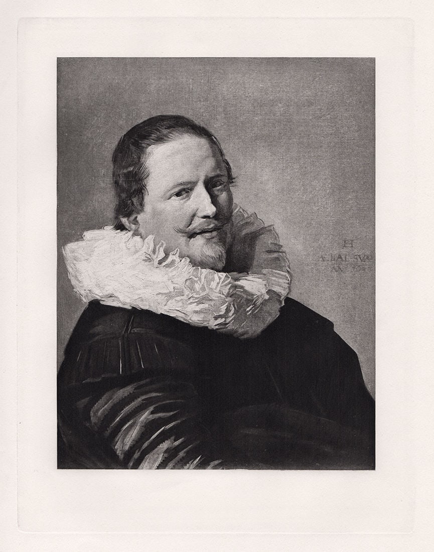 1891 Frans Hals the Elder Portrait of a Man print signed: Frans Hals the Elder. (Dutch, 1582-1666). Portrait of a Man. Antique Heliogravure on wove paper after the original by a Master Engraver. 1891. Signed in the plate. Excellent. Image Size 8 x 10 1/2 inc