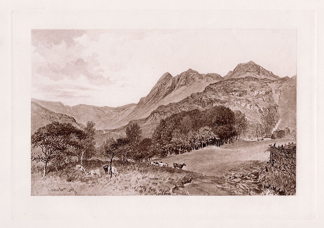 William Hull Blea Tarn Valley print signed: William Hull. (English, 1820-1880). Blea Tarn Valley. Antique Heliogravure on wove paper after the original by master etcher Dujardin. 1887. Signed in the Plate. Excellent. Image Size 7 3/4 x 11 1/4 i