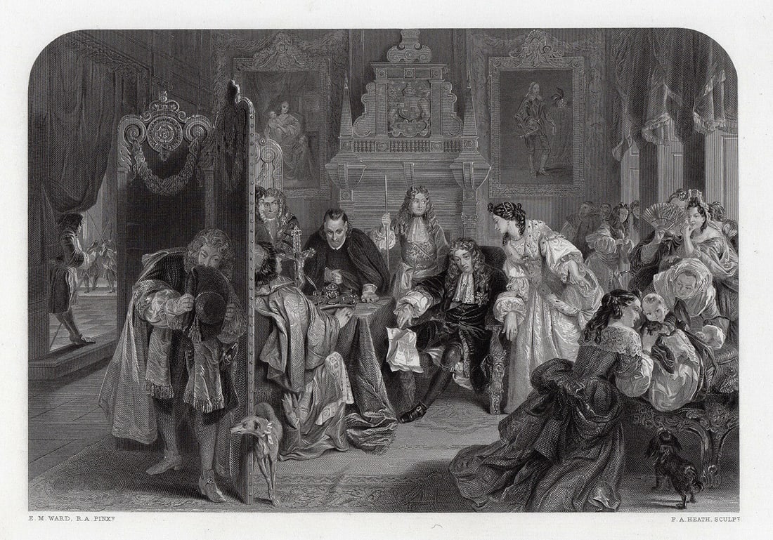 Edward Matthew Ward James II in his Palace of Whitehall, Receiving the News of the Landing of the: Edward Matthew Ward. (English, 1816-1879). James II in his Palace of Whitehall, Receiving the News of the Landing of the Prince of Orange. Antique Engraving on wove paper after the original oil on can