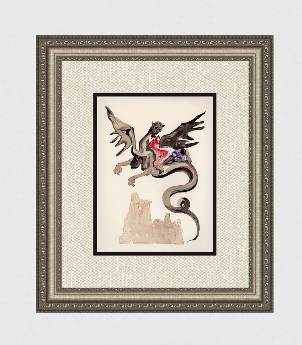 1960 Salvador Dali Dragon Authentic Woodcut: Salvador Dali. (1904-1989). "The Userers" Enferno Canto 17. Authentic Original Color Woodcut from The Divine Comedy Printed in 1960 on B.F.K. Rives Paper ( this is not a reproduction, copy, or reprint