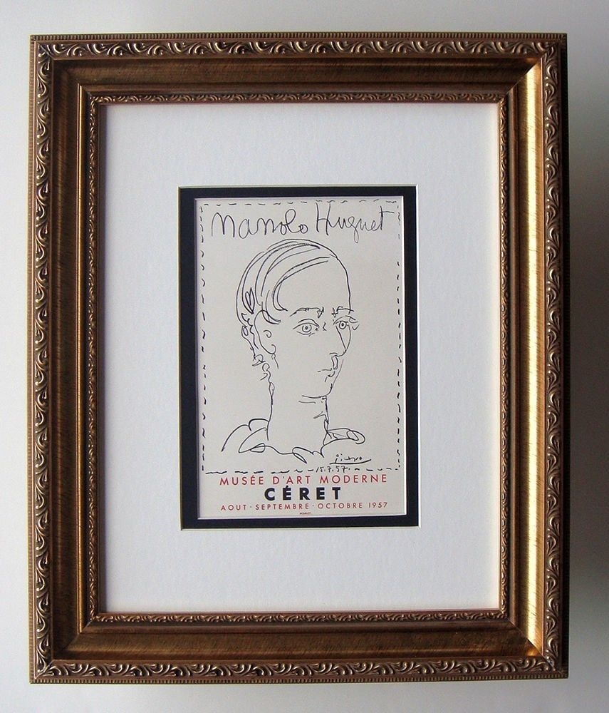 Pablo Picasso 1959 lithograph Manolo Hugnet signed: Pablo Picasso. (1881-1973). Manolo Hugnet. Color Lithograph after the Original Poster. 1959. Signed in the plate. Excellent. Sauret. Atelier Mourlot. Image Size 6 5/8 x 9 3/8 inches. Approximately 15 
