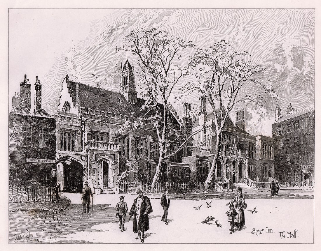 Herbert Railton Gray's Inn etching signed: Herbert Railton. (English, 1857-1910). Gray's Inn. Original Etching on wove paper. 1892. Signed and Titled in the plate, lower right. Excellent. Image Size 6 7/8 x 9 inches. Approximately 16 x 18 inch