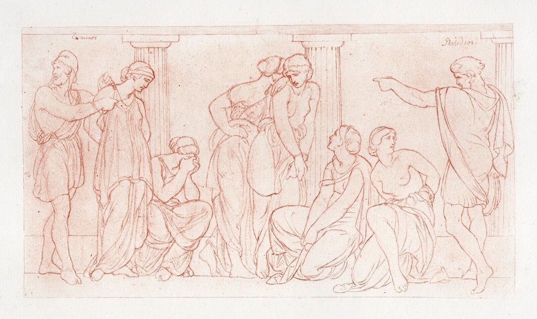 Frederick PRELLER Antique Print The Scared Handmaidens of Penelope FRAMED: Frederick Preller (German, 1804 – 1878). The Punishment of the Unfaithful Handmaidens of Penelope. Antique heliogravure on wove paper after the original drawing by a Master Engraver. Year: 1881. Ima