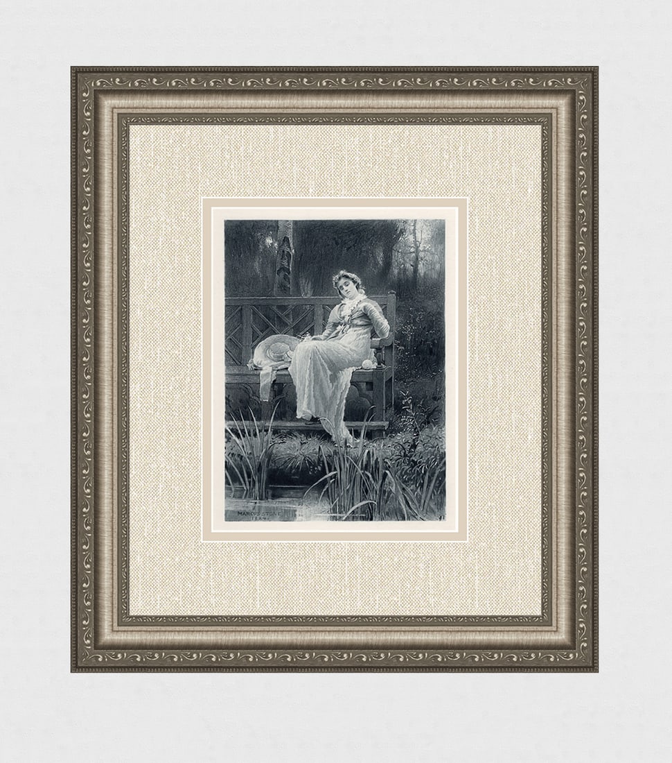 MARCUS STONE 1800s Antique Print "The Daydreamer" SIGNED FRAMED: Marcus Stone (English, 1840-1921). A Reverie. Antique heliogravure on wove paper after the original drawing by a Master Engraver. Signed in the plate, lower left. Year: 1885. Image Size 6 3/4 x 9 1/8 