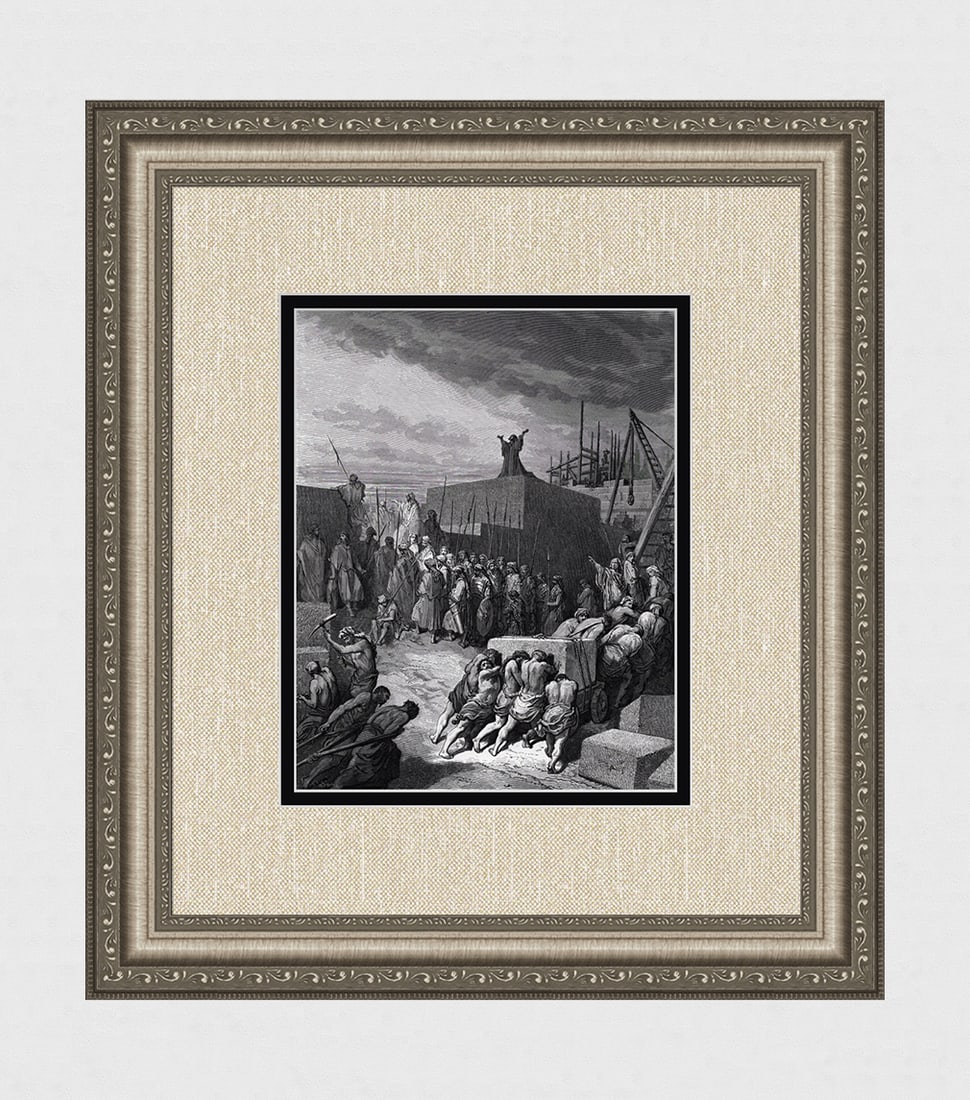 1800s SIGNED GUSTAVE DORE Biblical Woodcut Temple Restoration Begins FRAMED: Gustave Dore (Paul Gustave Louis Christophe Dore) (French, 1832-1883). The Rebuilding of the Temple (from Dore's Bible). Antique woodcut wove paper after the original by a master wood engraver Charles