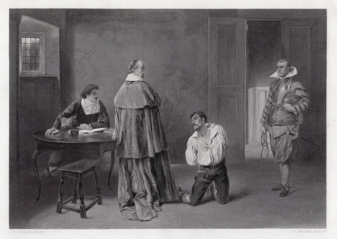 Sir James Dromgole Linton The Huguenot engraving signed: Sir James Dromgole Linton. (English, 1840 - 1916). The Huguenot. Antique Steel Engraving on wove paper after the original by master engraver T. Brown. 1879. Signed in the plate. Excellent. Image Size
