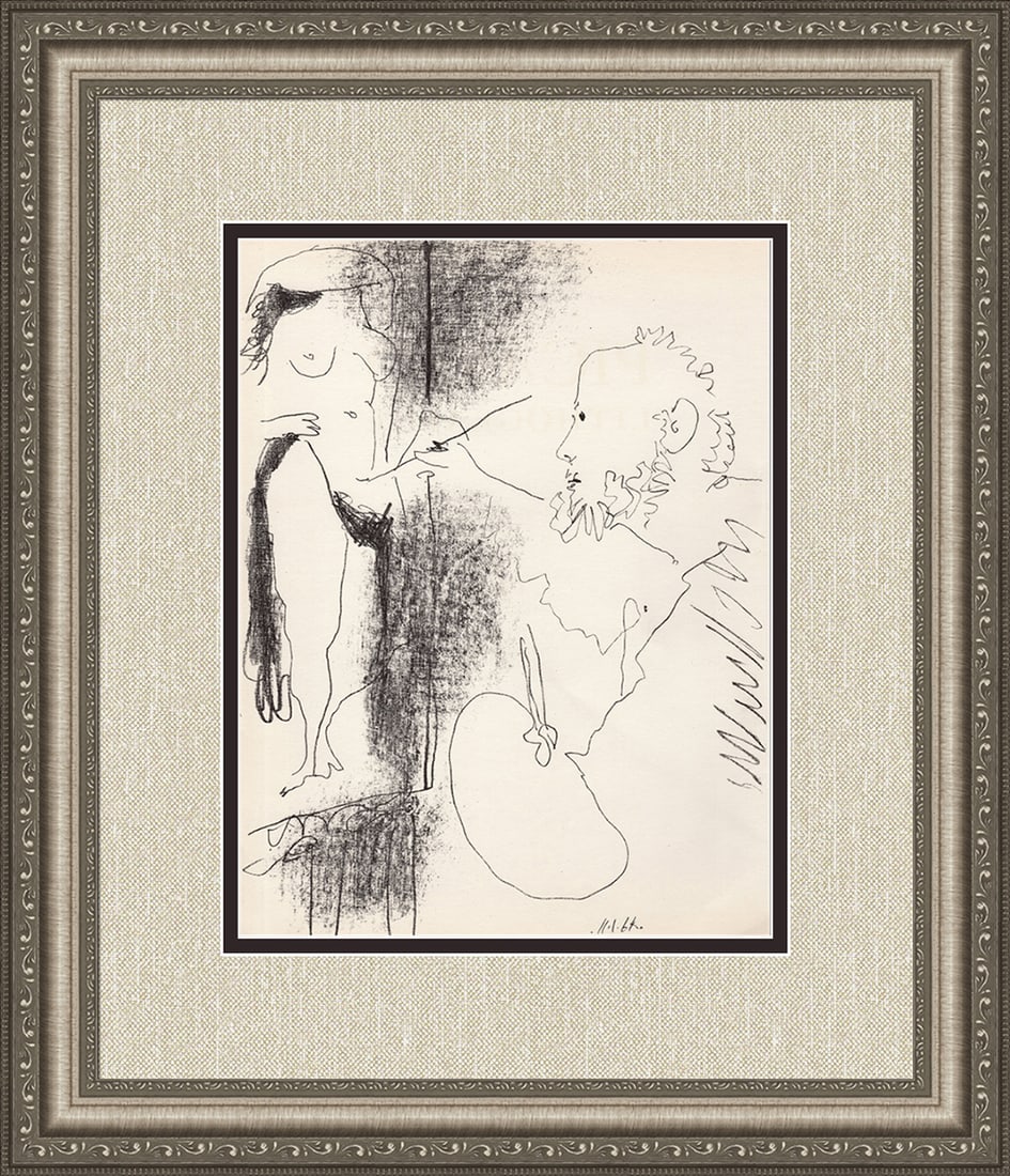 1964 Pablo Picasso Painter and Model Lithograph Framed Mourlot: Pablo Picasso (Spanish,1881-1973). The Painter and His Model (Mourlot 399, Bloch 1155). Color Lithograph on wove paper. 1964. Limited to 3000 impressions. Sauret. Atelier Mourlot. Image size 9 1/2 x 1