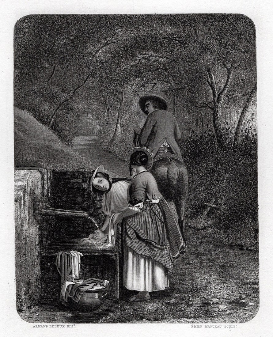 1800s Armand LELEUX SIGNED Lithograph Washerwomen at Fountain Framed: Armand Hubert Simon Leleux (French, 1818-1885). Laveuses à la fontaine montagnardes de la Foret-Noire (Washers at the mountain fountain of the Black Forest). Antique lithograph on wove paper after