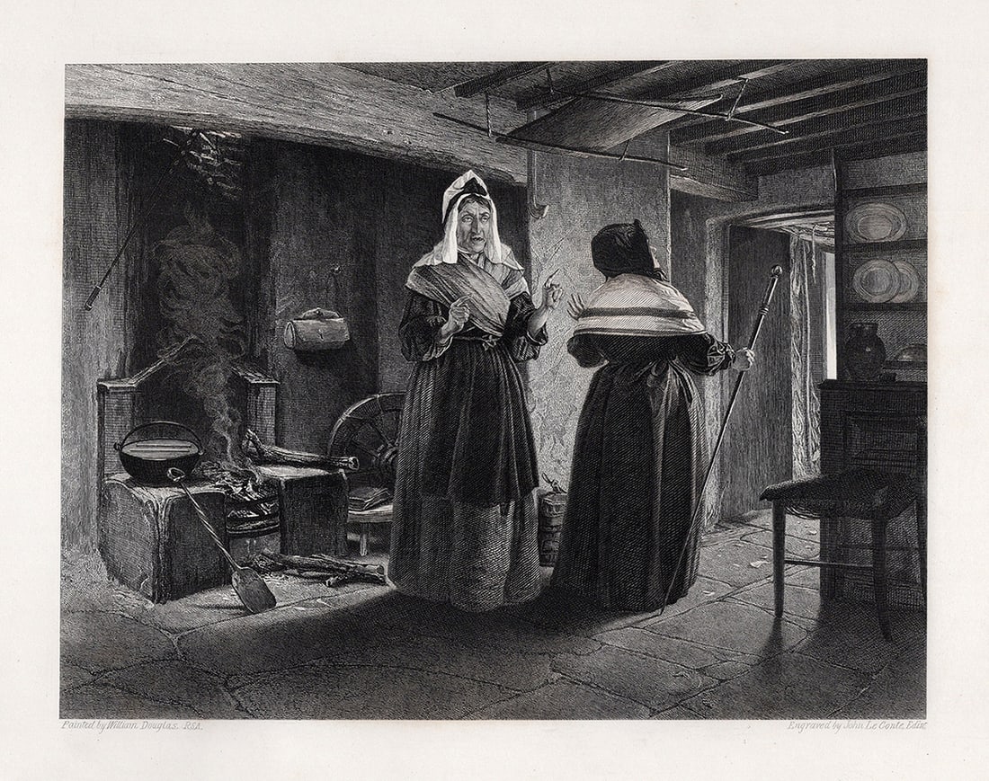 1800s WILLIAM DOUGLAS Engraving LADY MARGARET Signed Framed: William Douglas (Scottish, 1780–1832). Lady Margaret Bellenden in Mause Headrigg's Cottage. Antique engraving on wove paper after the original by master engraverJohn Le Conte (British, 1816-1877).