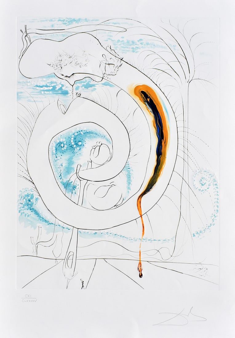 Rare Salvador Dali Authentic Lithograph Surreal Dreamscape Signed Limited: Salvador Dali. The Visceral Circle of the Cosmos (The Conquest of Cosmos I). Drypoint with lithography on BFK Rives watermarked paper. Year: 1974. Signed in pencil lower right, numbered in pencil from