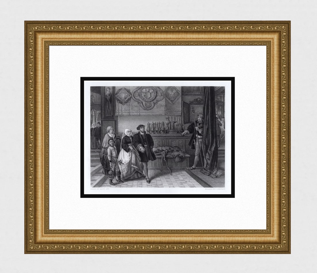 Jan August Hendrik Leys Henri Leys The Guests Framed Signed: Jan August Hendrik Leys (Henri Leys, Hendrik Leys or Jan August Hendrik, Baron Leys) (Belgian, 1815 - 1869). The Guests. Antique engraving on wove paper after the original by master engraver J. Greatb