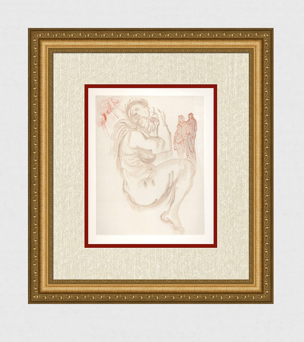 1960 Salvador Dali Dante Authentic Woodcut: Salvador Dali. (1904-1989). "Dante's Dream" Purgatory Canto 19. Authentic Original Color Woodcut from The Divine Comedy Printed in 1960 on B.F.K. Rives Paper ( this is not a reproduction, copy, or rep