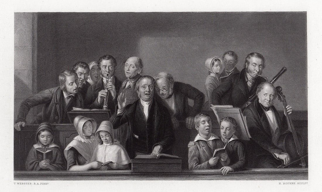 Thomas Webster 1867 engraving The Village Choir signed: Thomas Webster. (English, 1800 - 1886). The Village Choir. Antique engraving on wove paper after the original oil on panel by master engraver Herbert K. Bourne (British engraver, 1825-1907). 1867. Sig