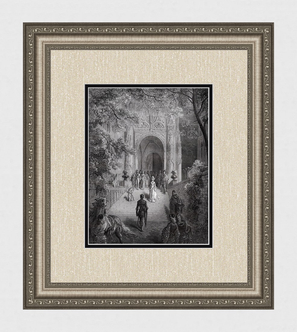 SIGNED DORE 1800s Woodcut Ruggiero Arrives at the Court of Logistilla Framed: Gustave Dore (Paul Gustave Louis Christophe Dore )(French, 1832-1883). Ruggiero arrives at the Court of Logistilla. (From Orlando Furioso). Antique woodcut on wove paper after the original