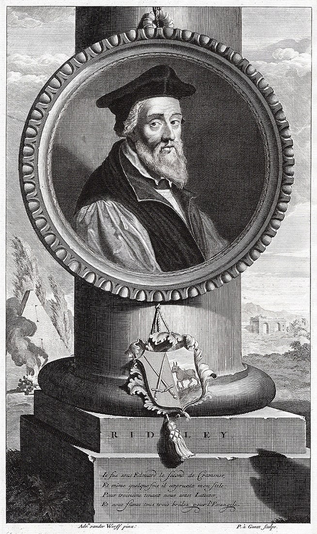 Adriaen van der Werff 1697 Engraving Nicholas Ridley Martyr Framed: Adriaen van der Werff (1659 - 1722). Nicholas Ridley (c 1500 - 1555), Bishop of London; Protestant martyr. Antique engraving on laid paper after the original by master engraver Pieter van Gunst