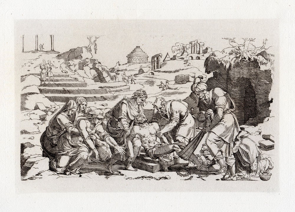 Jean Cousin The Entombment 1880 etching Durand: Jean Cousin "La Mise au Tombeau (The Entombment)". Hand Pulled copper plate etching on laid paper after the original by master engraver Amand Durand. Original was created in the 1600's. c. 1880.