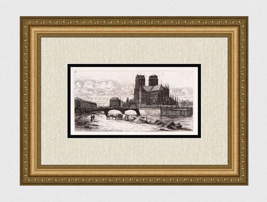 1800s Charles Meryon Antique Print Abside of Nortre Dame, Paris SIGNED Framed: Charles Meryon (1821-1868).The Abside of Nortre Dame, Paris (L'Abside de Notre-Dame de Paris). Antique heliogravure on wove paper after the original by a Master Engraver. Year: 1881.Signed in the