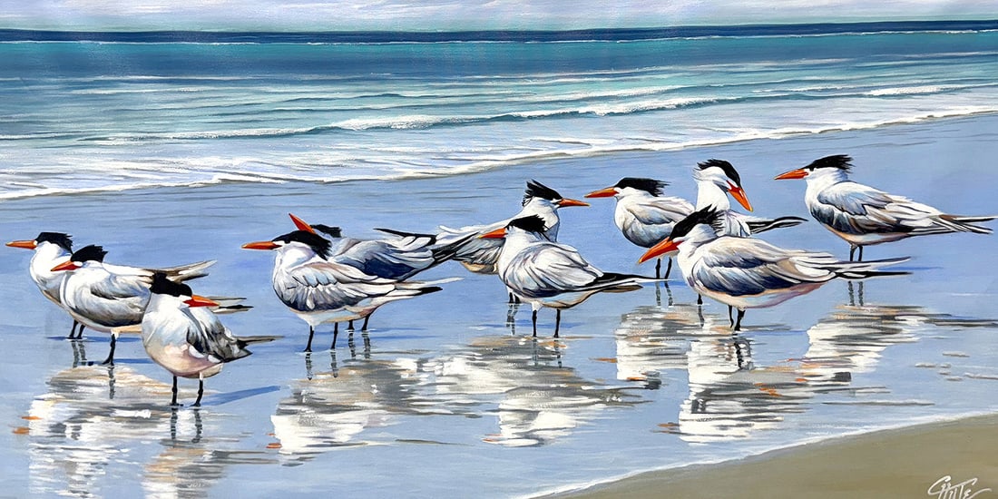 Gorgeous Patricia Chute Royal Terns 60 x 30 inch Painting: Patricia Chute. Royal Terns. Original acrylic painting on canvas. Signed by the Artist. Canvas Size 60 x 30 inches. Patricia Chute about her art - "There are many things that I find intriguing that I
